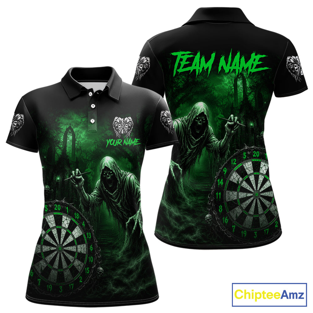 Custom Green Dart Polo Shirt for Women Grim Reaper Throwing Darts Dark Gothic Dart Jersey DHT55