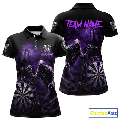 Custom Purple Dart Polo Shirt for Women Grim Reaper Throwing Darts Dark Gothic Dart Jersey DHT55