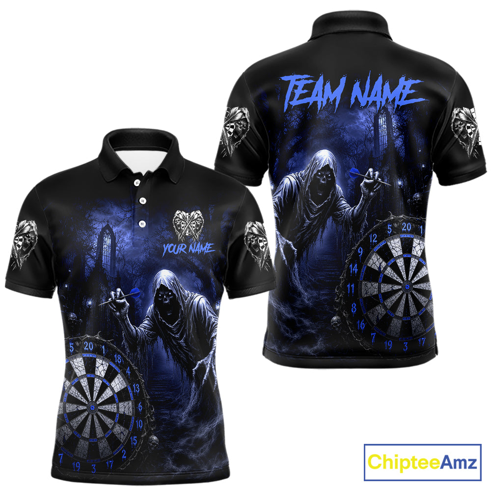Custom Blue Dart Polo Shirt for Men Grim Reaper Throwing Darts Dark Gothic Dart Jersey DHT55