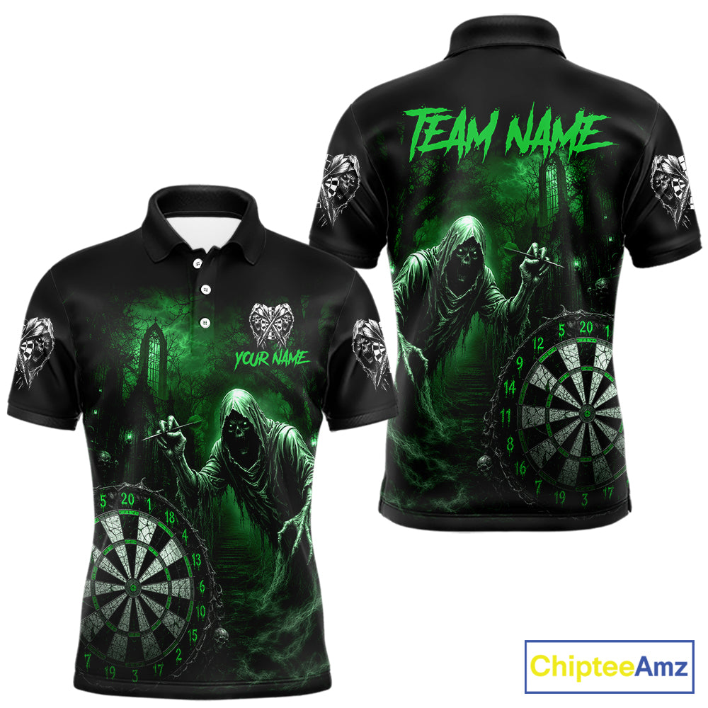 Custom Green Dart Polo Shirt for Men Grim Reaper Throwing Darts Dark Gothic Dart Jersey DHT55