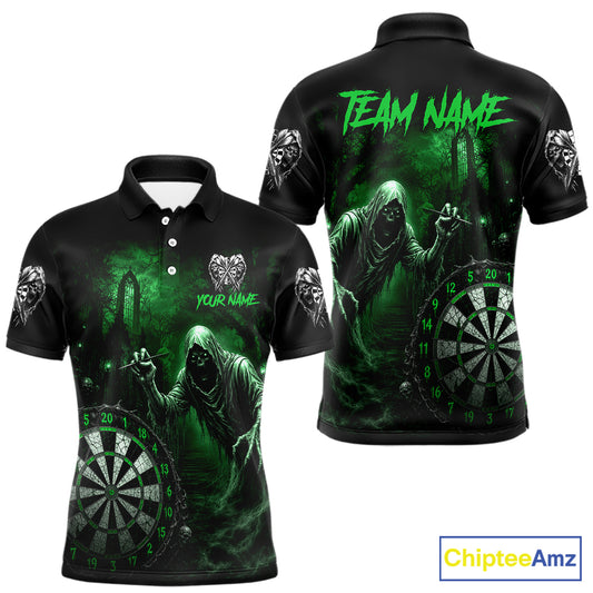 Custom Green Dart Polo Shirt for Men Grim Reaper Throwing Darts Dark Gothic Dart Jersey DHT55