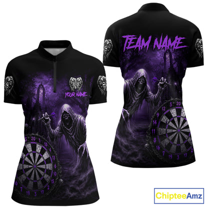 Custom Purple Dart Polo Shirt for Women Grim Reaper Throwing Darts Dark Gothic Dart Jersey DHT55