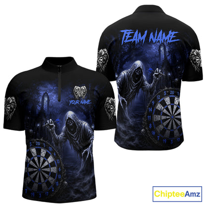Custom Blue Dart Polo Shirt for Men Grim Reaper Throwing Darts Dark Gothic Dart Jersey DHT55