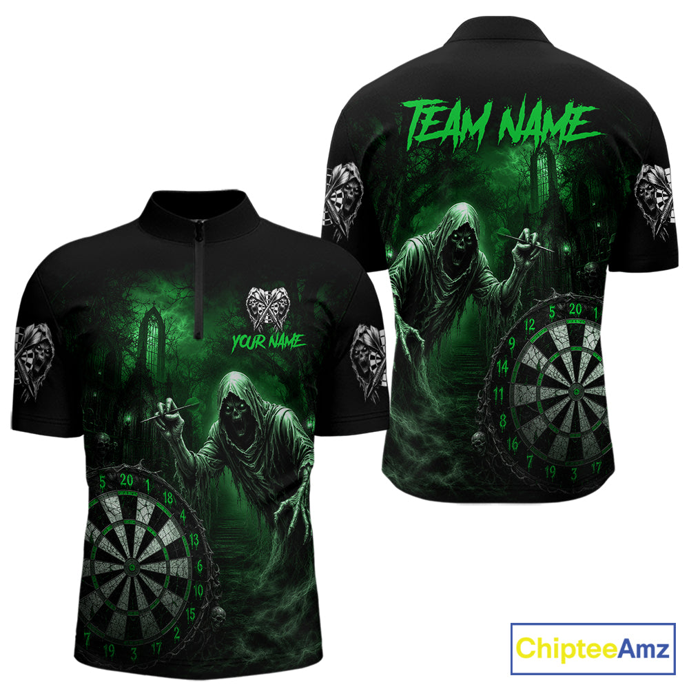 Custom Green Dart Polo Shirt for Men Grim Reaper Throwing Darts Dark Gothic Dart Jersey DHT55