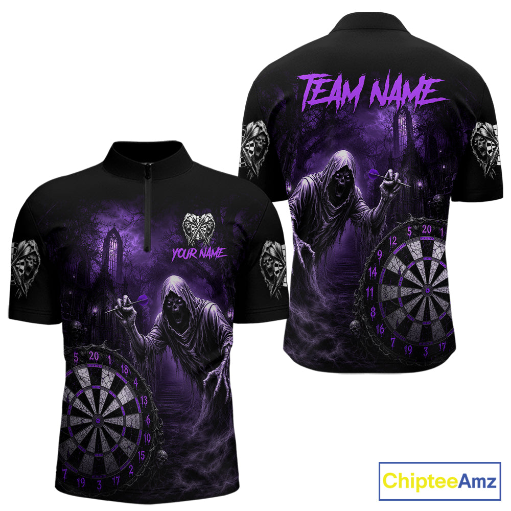 Custom Purple Dart Polo Shirt for Men Grim Reaper Throwing Darts Dark Gothic Dart Jersey DHT55