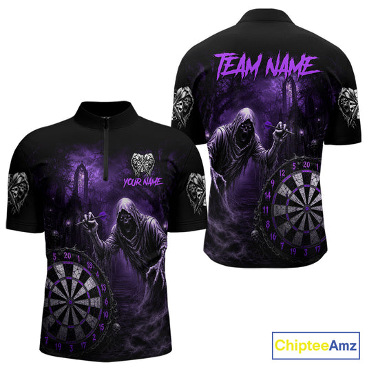 Custom Purple Dart Polo Shirt for Men Grim Reaper Throwing Darts Dark Gothic Dart Jersey DHT55