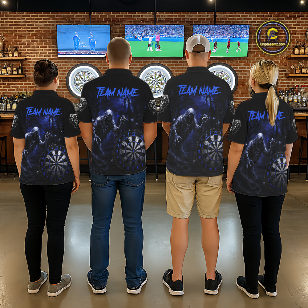 Custom Blue Dart Polo Shirt for Men Grim Reaper Throwing Darts Dark Gothic Dart Jersey DHT55