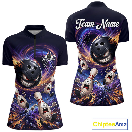Custom Evil Bowling Ball & Funny Bowling Pins Bowling Shirt for Women Bowling Team Jersey Polo & 1/4 Zip QZT1221