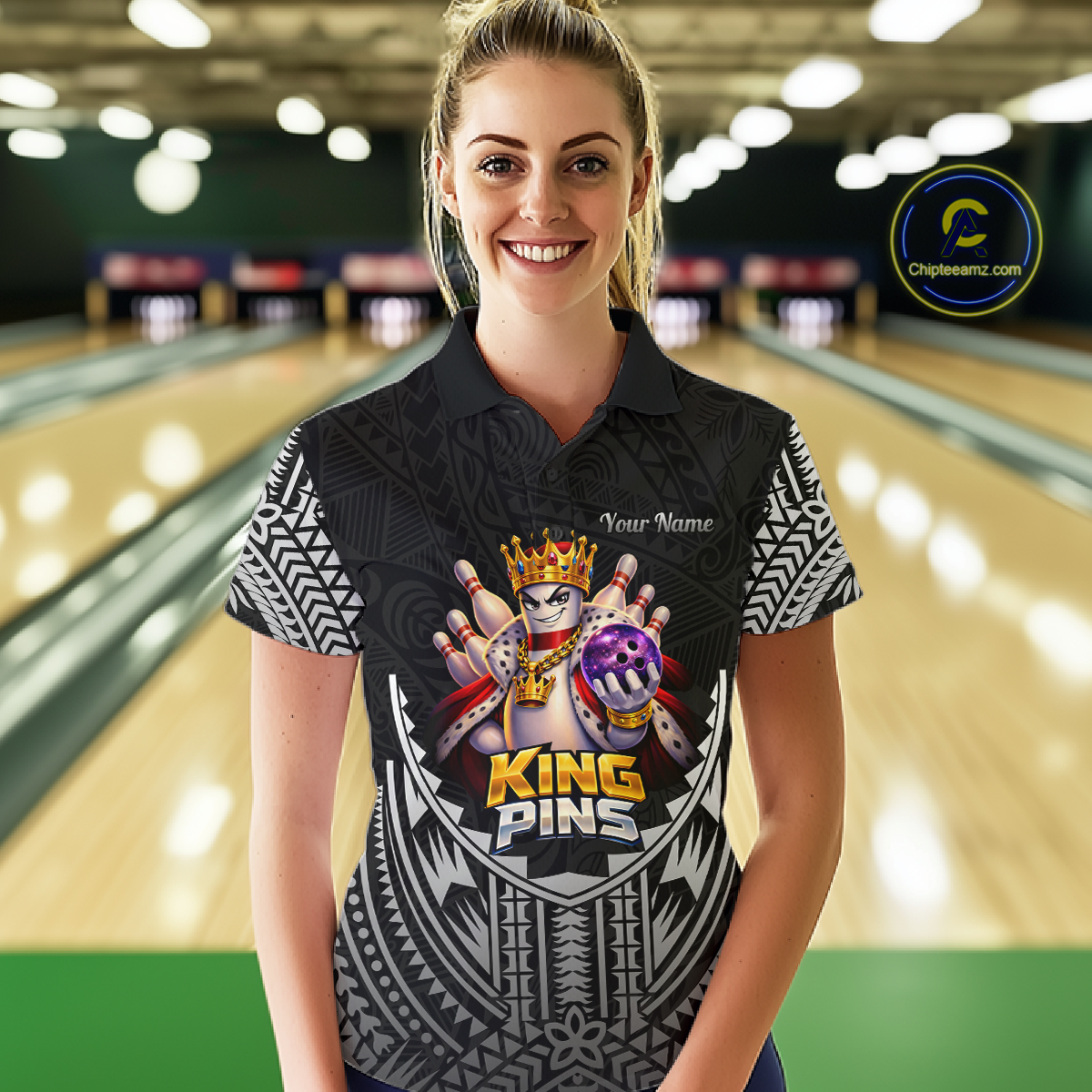 Funny King Pins Bowling Team Shirt for Women Custom Tribal Buddies Bowling Jersey Polo & 1/4 Zip QZT946