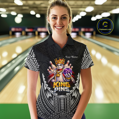 Funny King Pins Bowling Team Shirt for Women Custom Tribal Buddies Bowling Jersey Polo & 1/4 Zip QZT946