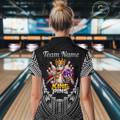 Funny King Pins Bowling Team Shirt for Women Custom Tribal Buddies Bowling Jersey Polo & 1/4 Zip QZT946