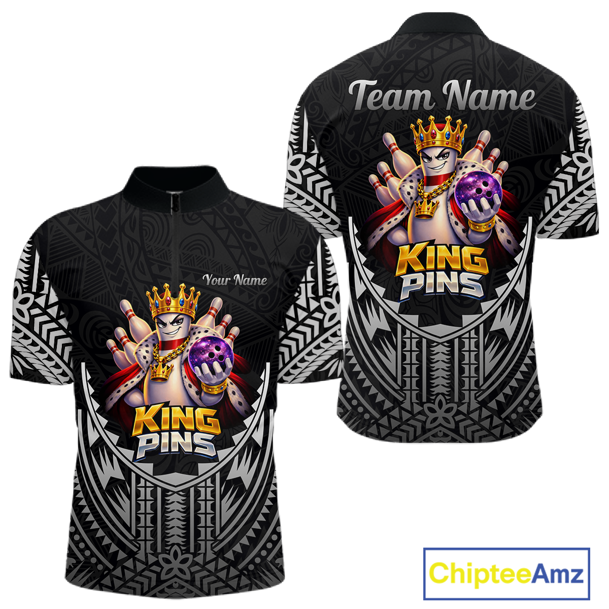 Funny King Pins Bowling Team Shirt for Men Custom Tribal Buddies Bowling Jersey Polo & 1/4 Zip QZT946