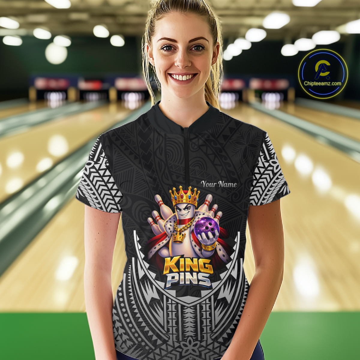 Funny King Pins Bowling Team Shirt for Women Custom Tribal Buddies Bowling Jersey Polo & 1/4 Zip QZT946