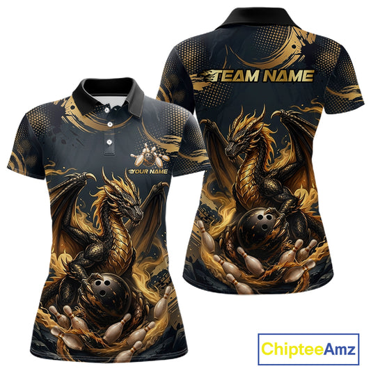 Black & Gold Dragon Bowling Jersey for Women Custom Bowling Team Shirt Polo & Quarter-Zip QZT1225