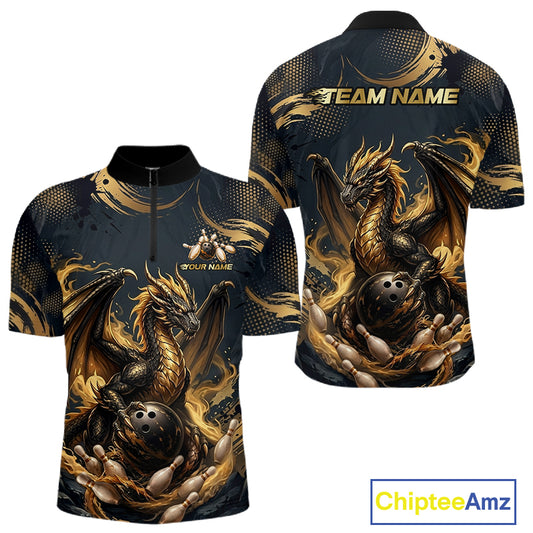 Black & Gold Dragon Bowling Jersey for Men Custom Bowling Team Shirt Polo & Quarter-Zip QZT1225