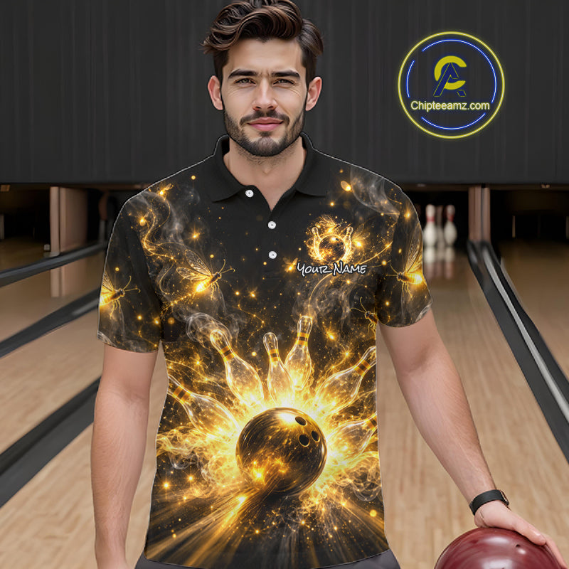 Custom Black and Gold Bowling Shirt for Men Firefly Bowling Team Jersey Polo & Quarter-Zip QZT1366