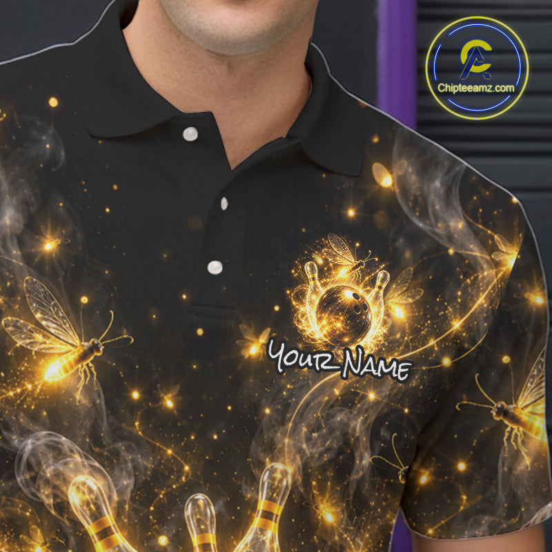 Custom Black and Gold Bowling Shirt for Men Firefly Bowling Team Jersey Polo & Quarter-Zip QZT1366