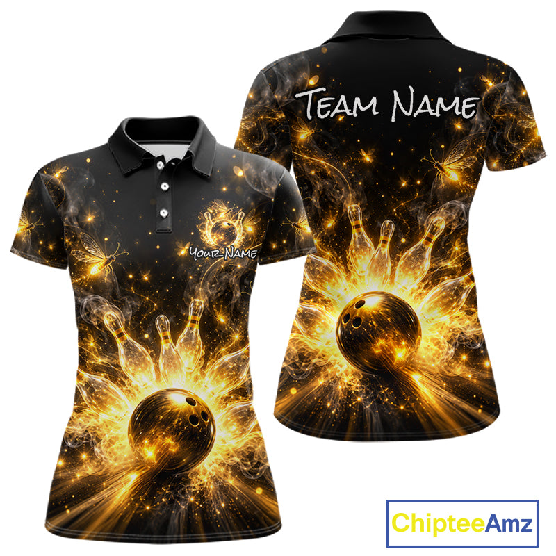 Custom Black and Gold Bowling Shirt for Women Firefly Bowling Team Jersey Polo & Quarter-Zip QZT1366