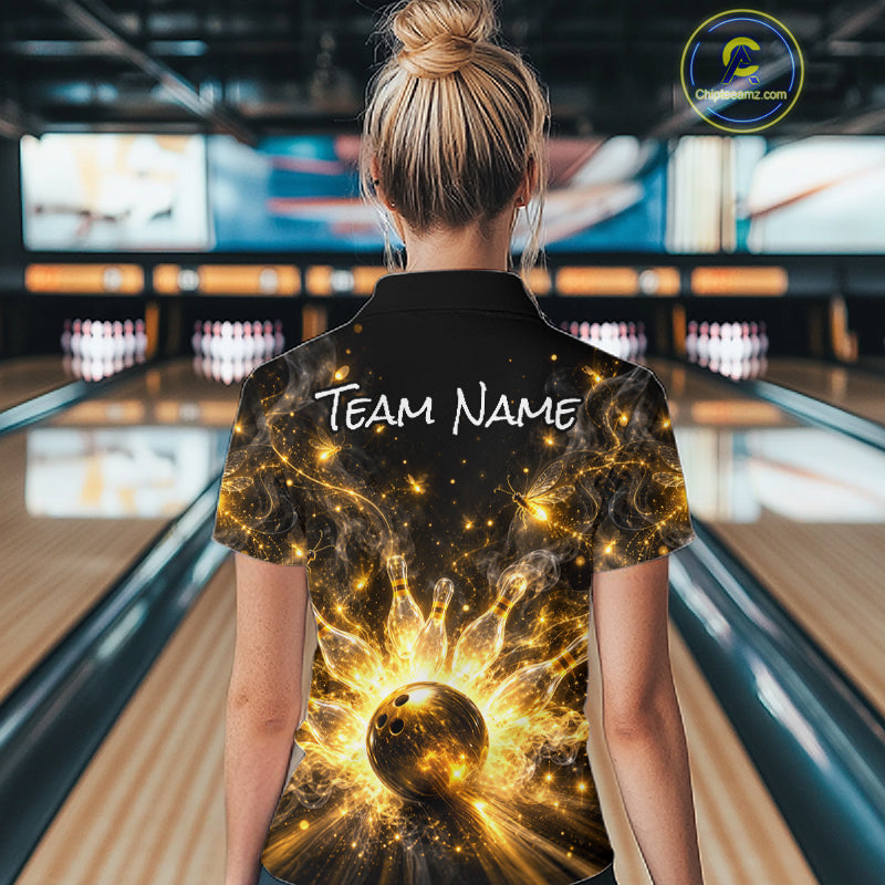 Custom Black and Gold Bowling Shirt for Women Firefly Bowling Team Jersey Polo & Quarter-Zip QZT1366