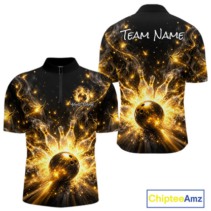 Custom Black and Gold Bowling Shirt for Men Firefly Bowling Team Jersey Polo & Quarter-Zip QZT1366