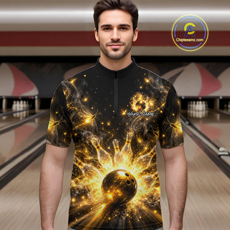 Custom Black and Gold Bowling Shirt for Men Firefly Bowling Team Jersey Polo & Quarter-Zip QZT1366