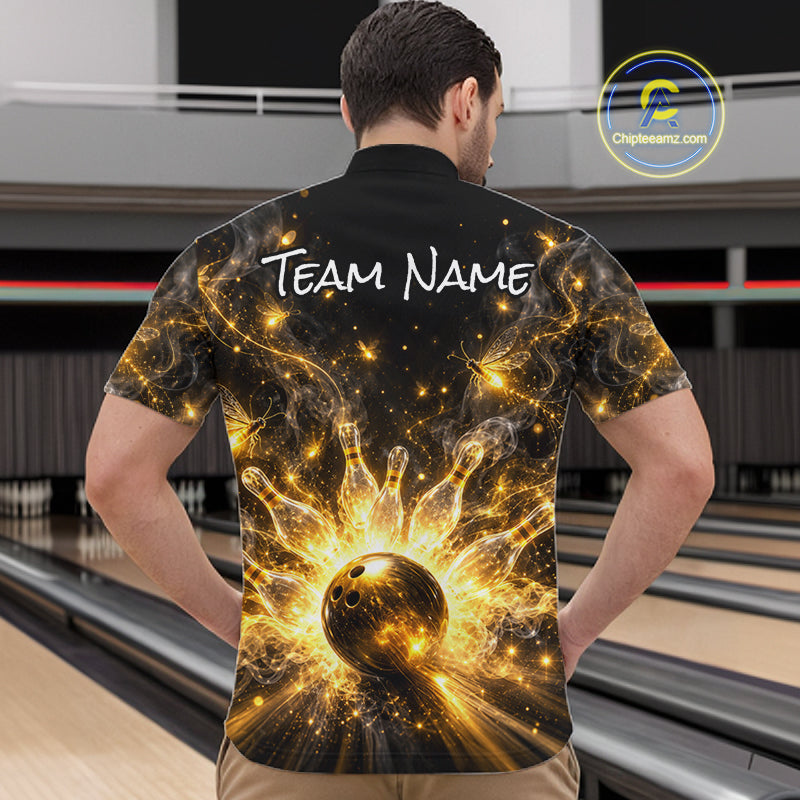 Custom Black and Gold Bowling Shirt for Men Firefly Bowling Team Jersey Polo & Quarter-Zip QZT1366