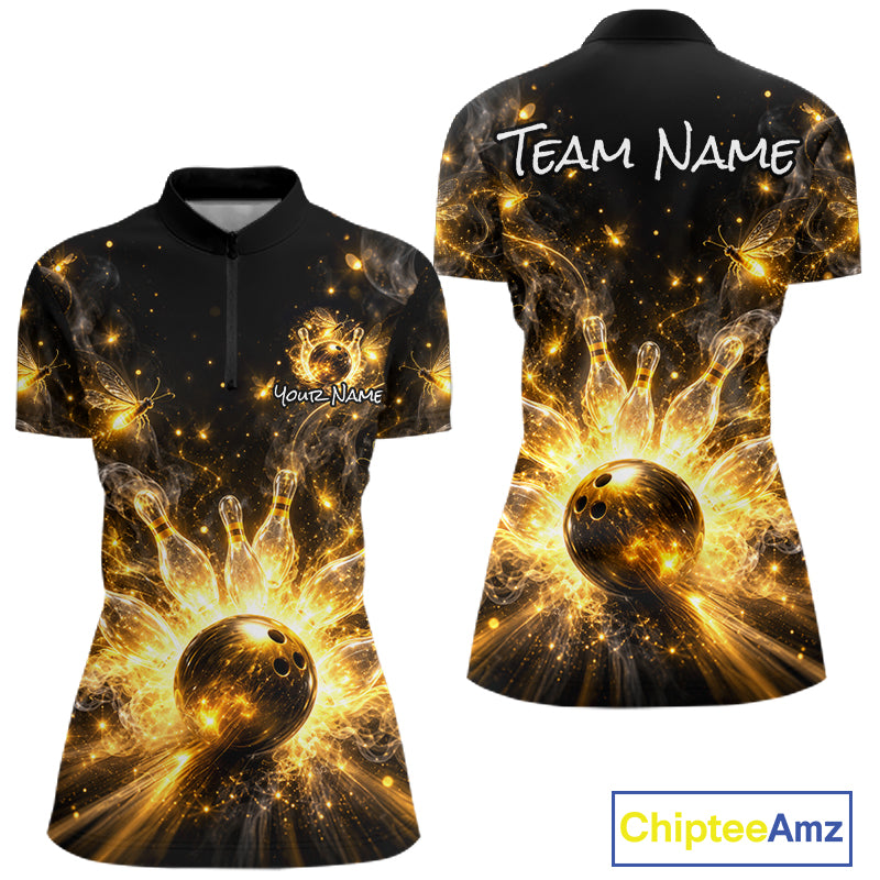 Custom Black and Gold Bowling Shirt for Women Firefly Bowling Team Jersey Polo & Quarter-Zip QZT1366