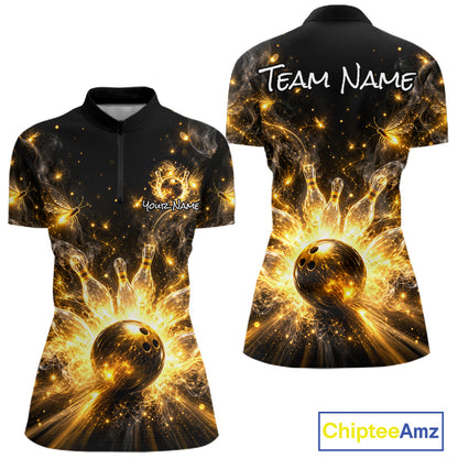 Custom Black and Gold Bowling Shirt for Women Firefly Bowling Team Jersey Polo & Quarter-Zip QZT1366