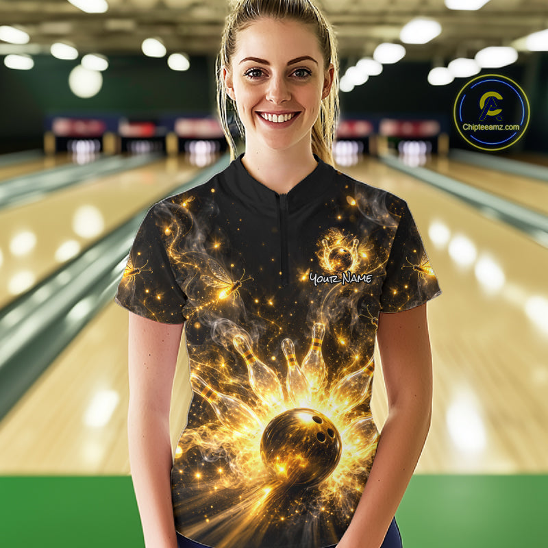 Custom Black and Gold Bowling Shirt for Women Firefly Bowling Team Jersey Polo & Quarter-Zip QZT1366