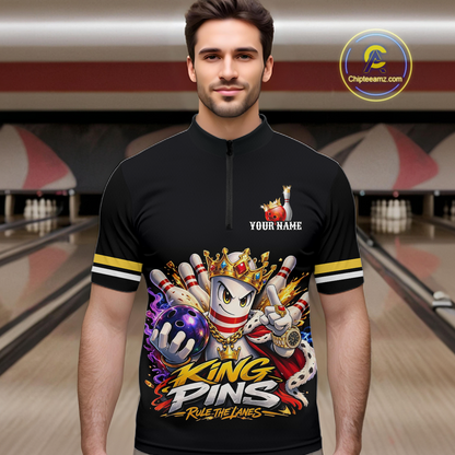 Custom King Pins Bowling Shirt for Men Bowling Team Jersey Polo & Quarter-Zip Shirt Bowling Tournament QZT950