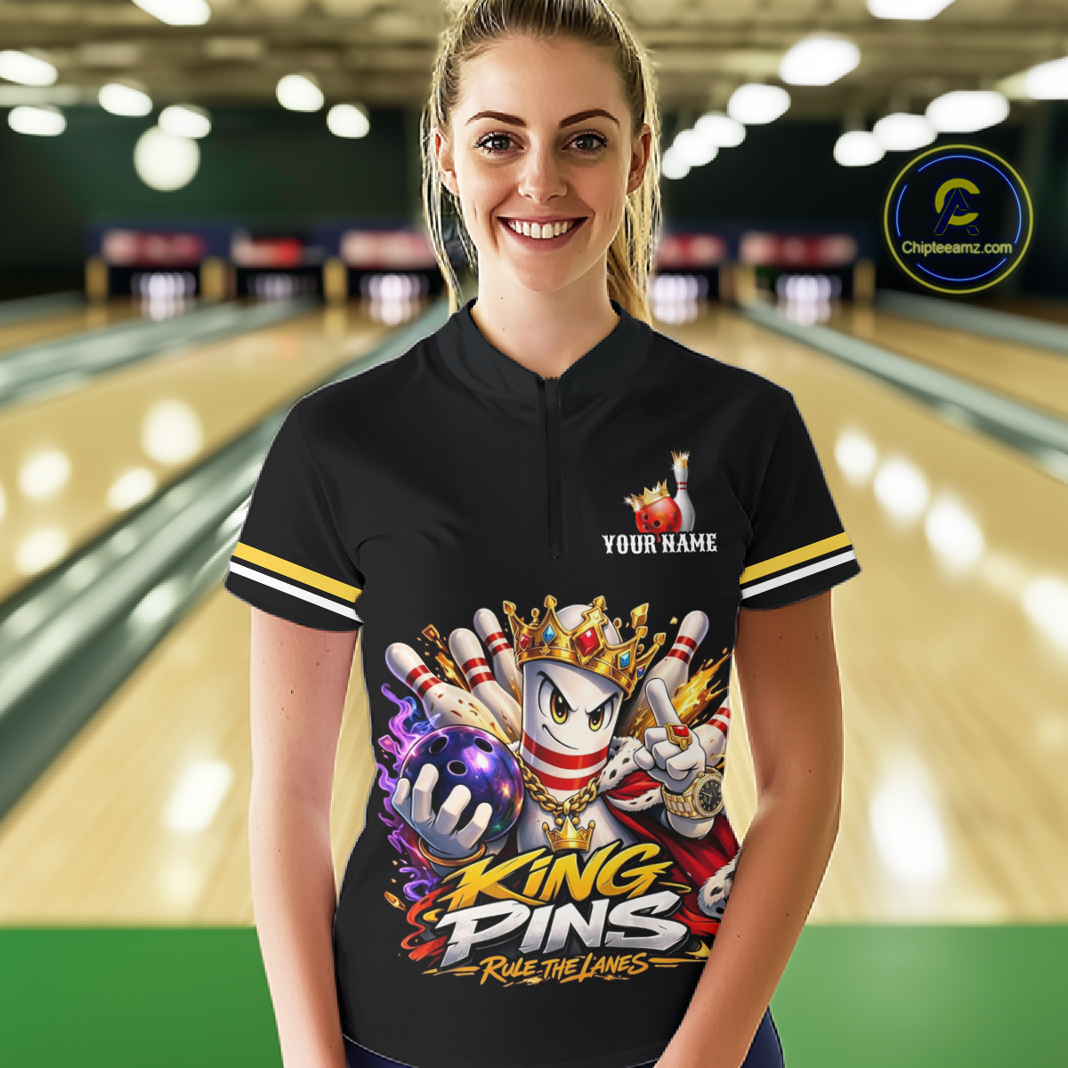 Custom King Pins Bowling Shirt for Women Bowling Team Jersey Polo & Quarter-Zip Shirt Bowling Tournament QZT950