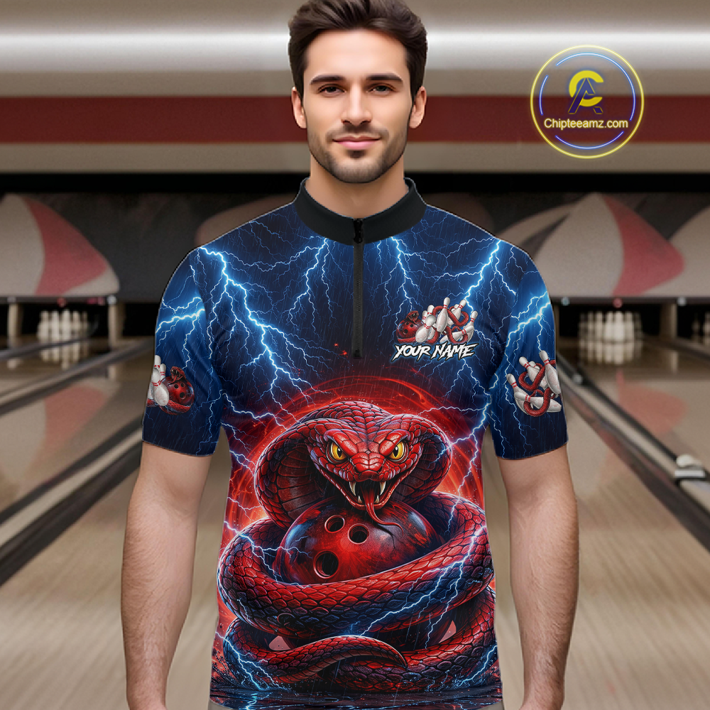 Blue Lightning Thunder Red Snake Bowling Shirt for Men Custom Bowling Team Jersey Bowling Outfit QZT994