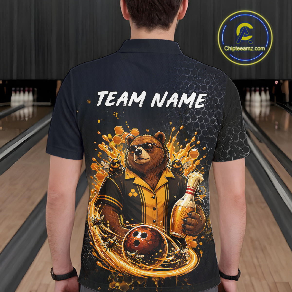  Man wearing custom black & gold bear bee & beer bowling polo shirt, back view mockup with team name design.