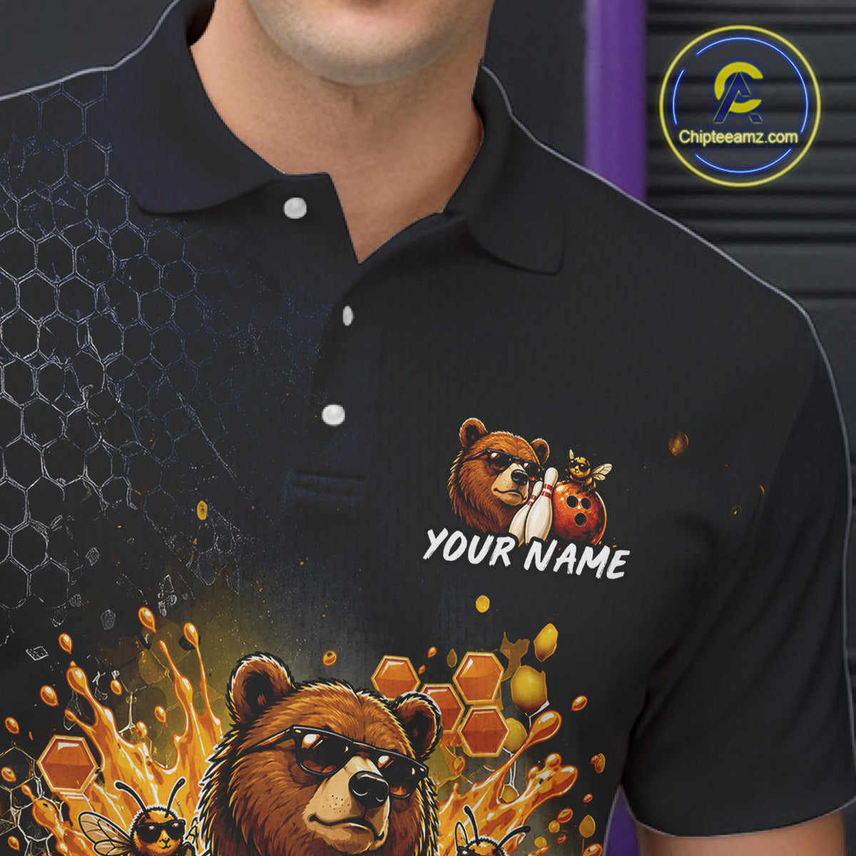  Close-up collar view of custom black & gold bear bee & beer bowling polo shirt with personalized name detail.