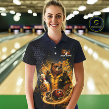 Load image into Gallery viewer, Women wearing custom black &amp; gold bear bee &amp; beer bowling polo shirt, front view mockup, personalized bowling league jersey.