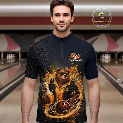  Man wearing custom black & gold bear bee & beer bowling 1/4 zip shirt, front view mockup, personalized bowling league jersey.