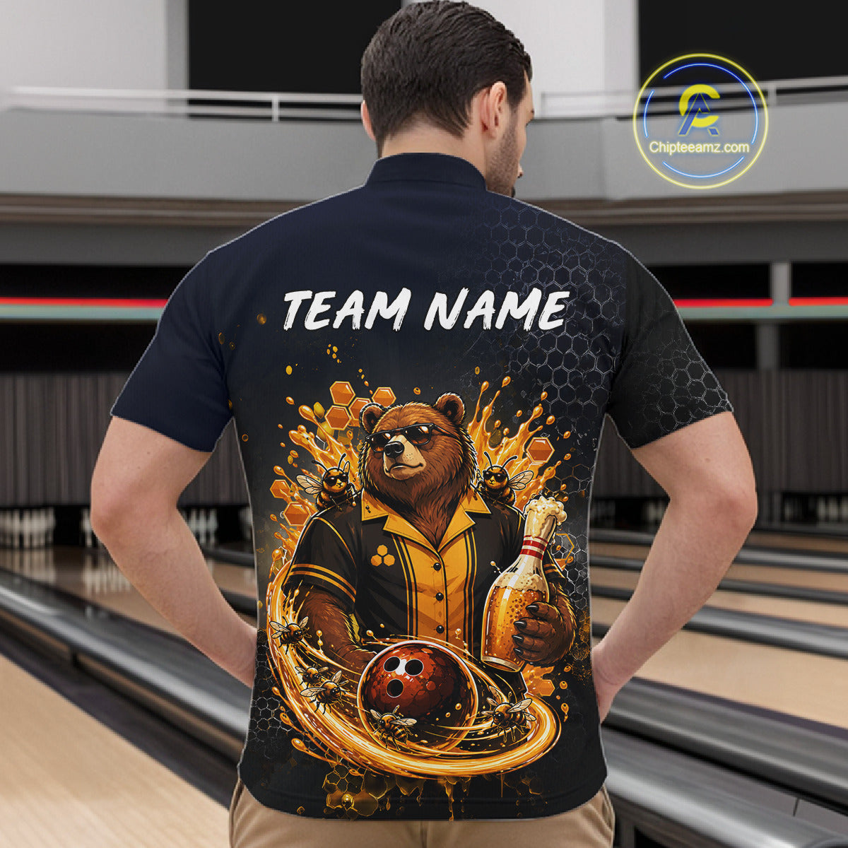  Man wearing custom black & gold bear bee & beer bowling 1/4 zip shirt, back view mockup with team name design.
