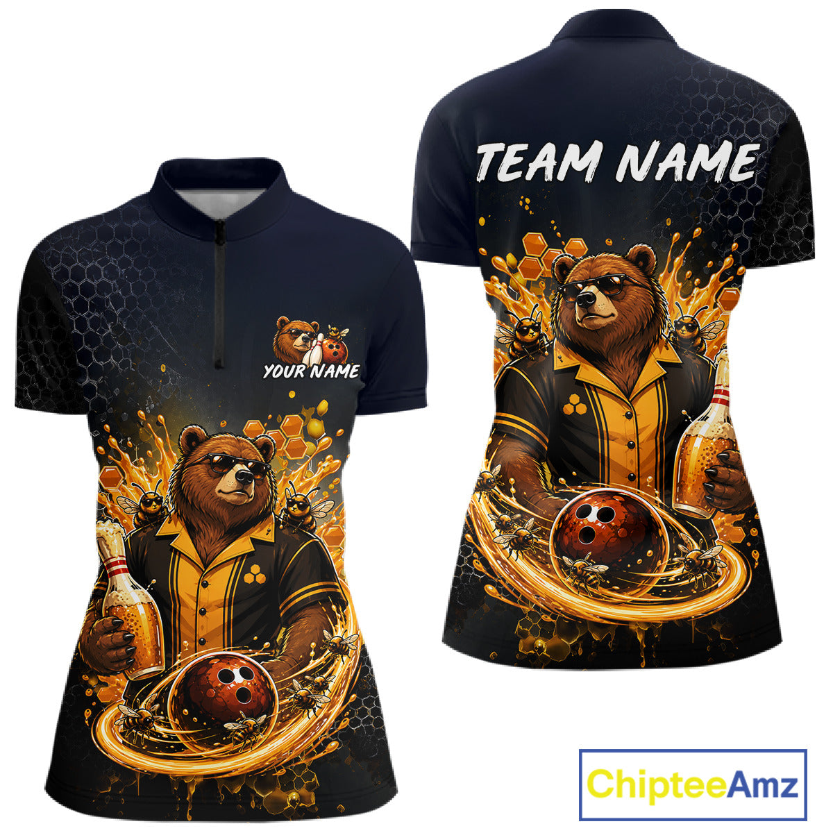  Custom black & gold bear bee & beer bowling quarter-zip shirt, front and back views, bowling league jersey for women