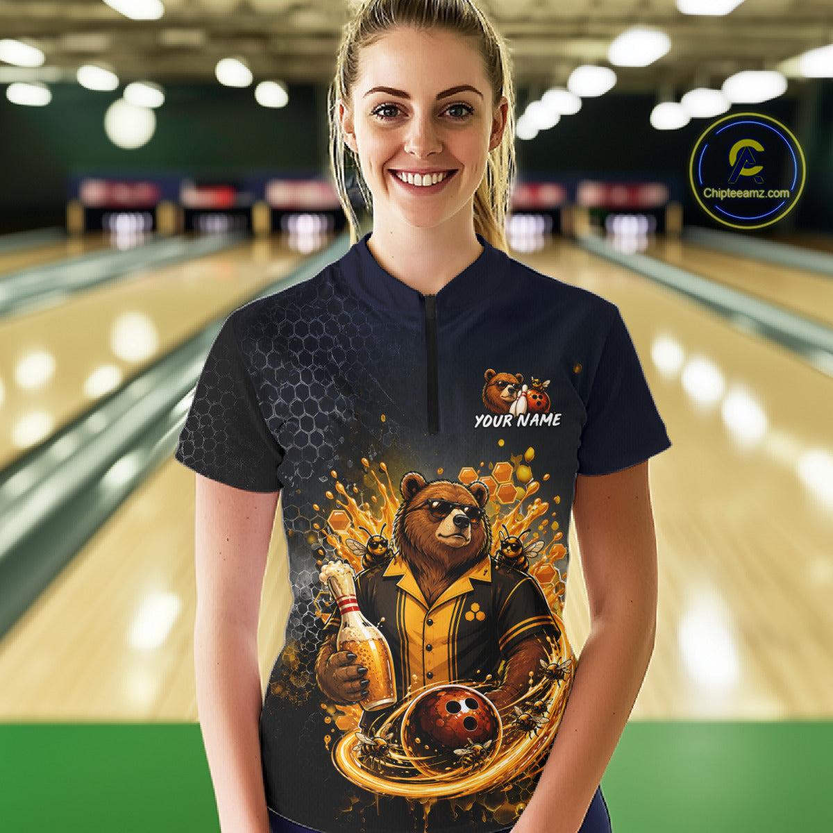 Women wearing custom black & gold bear bee & beer bowling 1/4 zip shirt, front view mockup, personalized bowling league jersey.