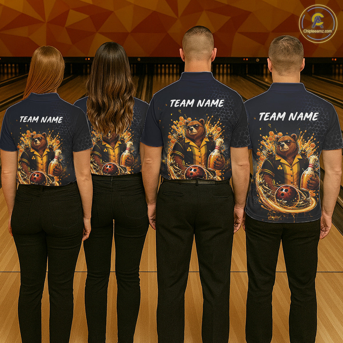  Bowling team wearing custom black & gold bear bee & beer bowling shirts, group back view mockup with team name design.