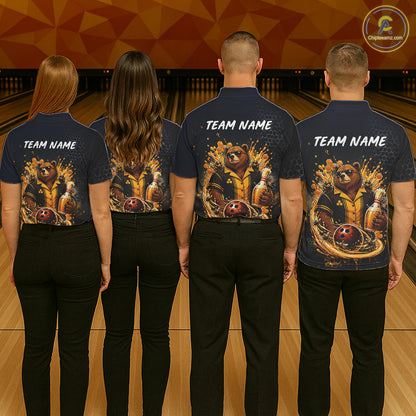  Bowling team wearing custom black & gold bear bee & beer bowling shirts, group back view mockup with team name design.