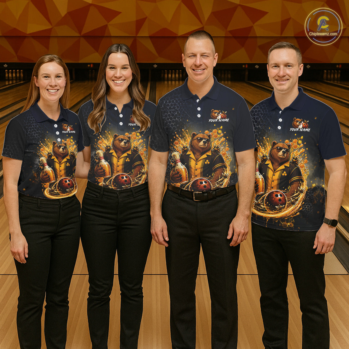 Bowling team wearing custom black & gold bear bee & beer bowling shirts, group front view mockup, personalized team jerseys.