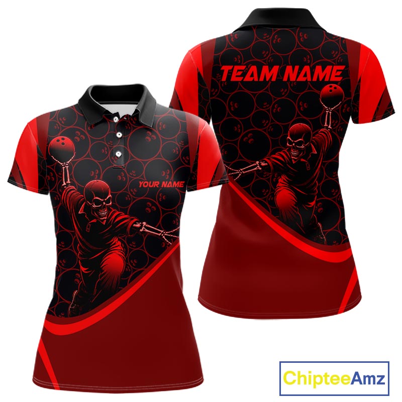 Black & Red Skull Bowling Shirt for Women Custom Bowling Team Jersey Polo & Quarter-Zip QZT1229