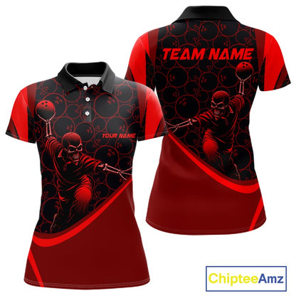Black & Red Skull Bowling Shirt for Women Custom Bowling Team Jersey Polo & Quarter-Zip QZT1229