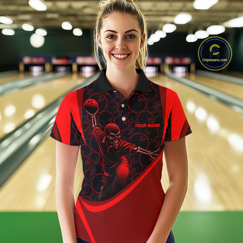 Black & Red Skull Bowling Shirt for Women Custom Bowling Team Jersey Polo & Quarter-Zip QZT1229