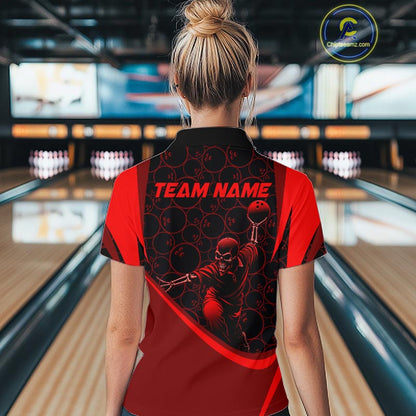 Black & Red Skull Bowling Shirt for Women Custom Bowling Team Jersey Polo & Quarter-Zip QZT1229