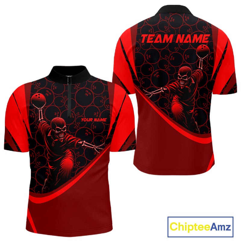 Black & Red Skull Bowling Shirt for Men Custom Bowling Team Jersey Polo & Quarter-Zip QZT1229