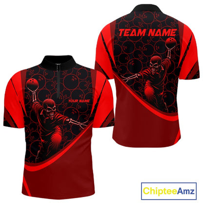 Black & Red Skull Bowling Shirt for Men Custom Bowling Team Jersey Polo & Quarter-Zip QZT1229