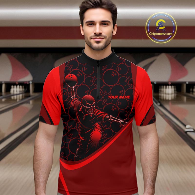 Black & Red Skull Bowling Shirt for Men Custom Bowling Team Jersey Polo & Quarter-Zip QZT1229