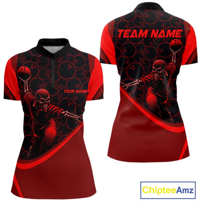 Black & Red Skull Bowling Shirt for Women Custom Bowling Team Jersey Polo & Quarter-Zip QZT1229